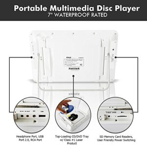 Pyle Portable Waterproof Multimedia Disc Player - 7in Screen White Digital Music Audio Video Player w/ Dual Stereo Speakers, CD DVD Tray, RCA, USB, Rechargeable Battery, Headphones, Remote PLMRDV74