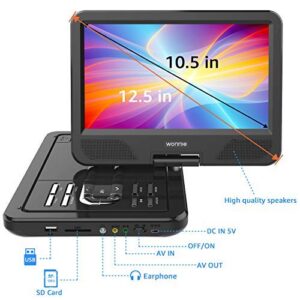 WONNIE 12.5 Inch Portable DVD Player with 4 Hour Rechargeable Battery,10.5" Swivel Screen, SD Card Slot and USB Port and Stereo Earphones (Black)