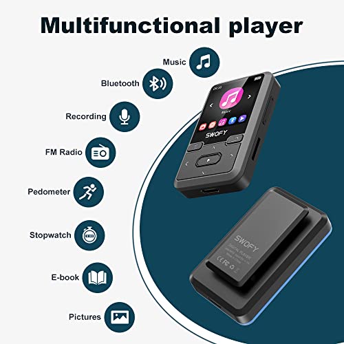 32GB Clip Mp3 Player with Bluetooth 5.0, Mini Portable Wearable Mp3 Player with FM Radio Recording, Music mp3 Player for Kids with Pedometer Mp3 and Mp4 Player, Max 128GB TF Card (Black).