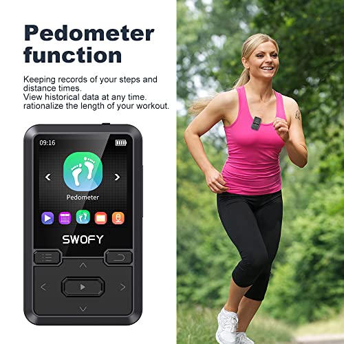 32GB Clip Mp3 Player with Bluetooth 5.0, Mini Portable Wearable Mp3 Player with FM Radio Recording, Music mp3 Player for Kids with Pedometer Mp3 and Mp4 Player, Max 128GB TF Card (Black).