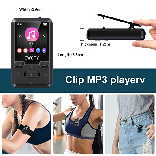 32GB Clip Mp3 Player with Bluetooth 5.0, Mini Portable Wearable Mp3 Player with FM Radio Recording, Music mp3 Player for Kids with Pedometer Mp3 and Mp4 Player, Max 128GB TF Card (Black).