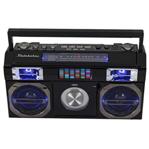 studebaker sb2145b 80’s retro street bluetooth boombox with fm radio, cd player, led eq, 10 watts rms power and ac/dc