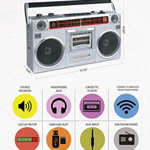 Riptunes Boombox Radio Cassette Player Recorder, AM/FM -SW1/SW2 Radio, Wireless Streaming, USB/Micro SD Slots, Aux in, Headphone Jack, Convert Cassettes to USB/SD, Classic 80s Style Retro, Black