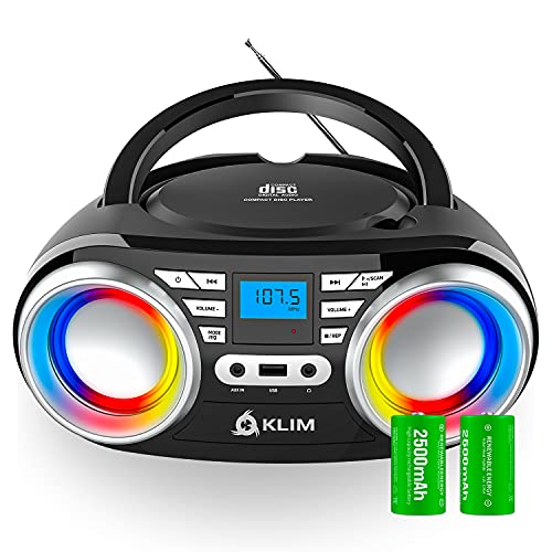 KLIM B3 Portable CD Player - New 2023 - FM Radio CD MP3 Bluetooth AUX USB RGB Lights - CD Boombox - Wired and Wireless Mode with Rechargeable Batteries - Upgraded CD Laser Lens - Digital EQ - Black