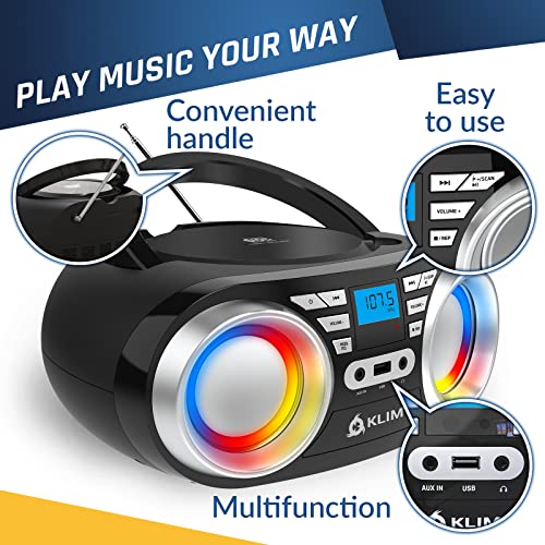 KLIM B3 Portable CD Player - New 2023 - FM Radio CD MP3 Bluetooth AUX USB RGB Lights - CD Boombox - Wired and Wireless Mode with Rechargeable Batteries - Upgraded CD Laser Lens - Digital EQ - Black