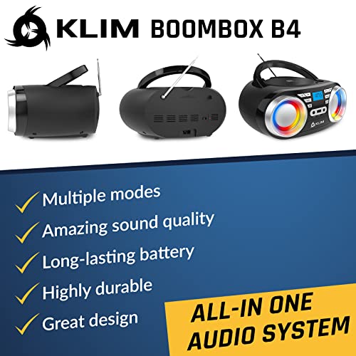 KLIM B3 Portable CD Player - New 2023 - FM Radio CD MP3 Bluetooth AUX USB RGB Lights - CD Boombox - Wired and Wireless Mode with Rechargeable Batteries - Upgraded CD Laser Lens - Digital EQ - Black