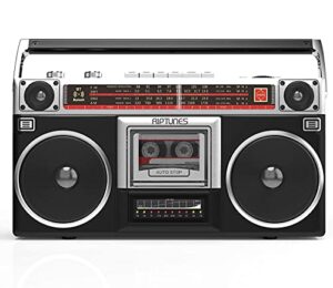 riptunes boombox radio cassette player recorder, am/fm -sw1/sw2 radio, wireless streaming, usb/micro sd slots, aux in, headphone jack, convert cassettes to usb/sd, classic 80s style retro, black
