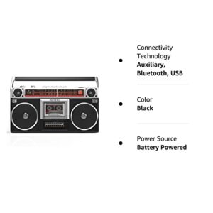 Riptunes Boombox Radio Cassette Player Recorder, AM/FM -SW1/SW2 Radio, Wireless Streaming, USB/Micro SD Slots, Aux in, Headphone Jack, Convert Cassettes to USB/SD, Classic 80s Style Retro, Black