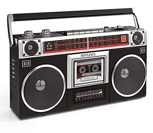 Riptunes Boombox Radio Cassette Player Recorder, AM/FM -SW1/SW2 Radio, Wireless Streaming, USB/Micro SD Slots, Aux in, Headphone Jack, Convert Cassettes to USB/SD, Classic 80s Style Retro, Black