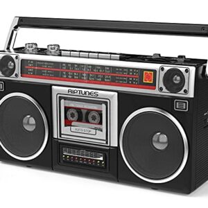 Riptunes Boombox Radio Cassette Player Recorder, AM/FM -SW1/SW2 Radio, Wireless Streaming, USB/Micro SD Slots, Aux in, Headphone Jack, Convert Cassettes to USB/SD, Classic 80s Style Retro, Black