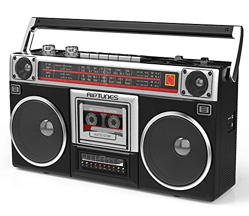 Riptunes Boombox Radio Cassette Player Recorder, AM/FM -SW1/SW2 Radio, Wireless Streaming, USB/Micro SD Slots, Aux in, Headphone Jack, Convert Cassettes to USB/SD, Classic 80s Style Retro, Black