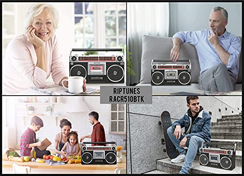 Riptunes Boombox Radio Cassette Player Recorder, AM/FM -SW1/SW2 Radio, Wireless Streaming, USB/Micro SD Slots, Aux in, Headphone Jack, Convert Cassettes to USB/SD, Classic 80s Style Retro, Black