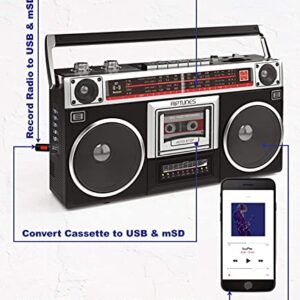 Riptunes Boombox Radio Cassette Player Recorder, AM/FM -SW1/SW2 Radio, Wireless Streaming, USB/Micro SD Slots, Aux in, Headphone Jack, Convert Cassettes to USB/SD, Classic 80s Style Retro, Black