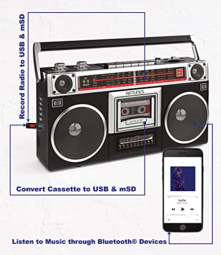 Riptunes Boombox Radio Cassette Player Recorder, AM/FM -SW1/SW2 Radio, Wireless Streaming, USB/Micro SD Slots, Aux in, Headphone Jack, Convert Cassettes to USB/SD, Classic 80s Style Retro, Black