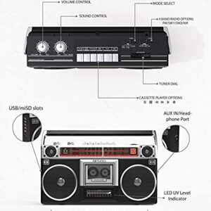 Riptunes Boombox Radio Cassette Player Recorder, AM/FM -SW1/SW2 Radio, Wireless Streaming, USB/Micro SD Slots, Aux in, Headphone Jack, Convert Cassettes to USB/SD, Classic 80s Style Retro, Black