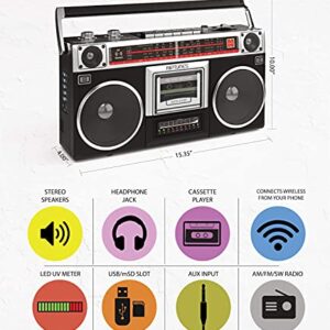 Riptunes Boombox Radio Cassette Player Recorder, AM/FM -SW1/SW2 Radio, Wireless Streaming, USB/Micro SD Slots, Aux in, Headphone Jack, Convert Cassettes to USB/SD, Classic 80s Style Retro, Black