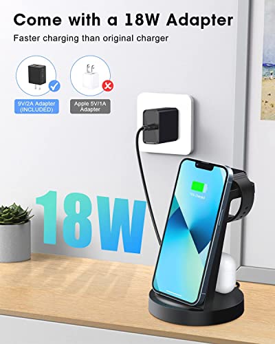 Wireless Charging Station, 3 in 1 Wireless Charger for iPhone 14/13/12/11/Pro/Max/SE/XS/XR/X/8 Plus/8, Fast Wireless Charging Stand Dock for Apple Watch Series & Airpods(with Adapter)