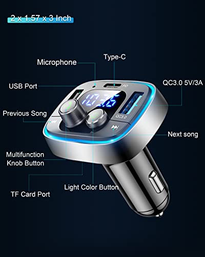 LIHAN Bluetooth Adapter for Car, Wireless FM Radio Transmitter, Handsfree Calling & Audio Receiver, MP3 Music Player, QC3.0 & Type-C PD USB Car Charger,7 Colors LED Backlit