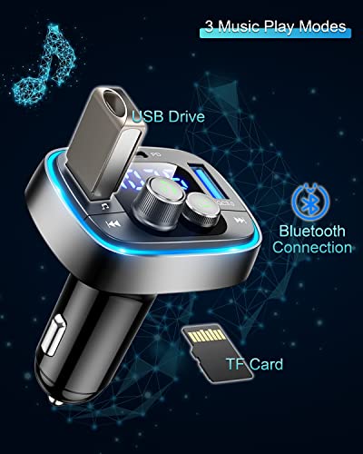 LIHAN Bluetooth Adapter for Car, Wireless FM Radio Transmitter, Handsfree Calling & Audio Receiver, MP3 Music Player, QC3.0 & Type-C PD USB Car Charger,7 Colors LED Backlit