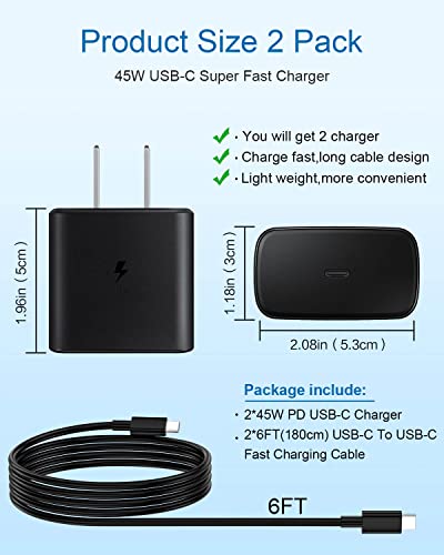 45W Samsung Charger 2 Pack Super Fast Charger Type C for Samsung Galaxy S23 Ultra Charger S22 Ultra, S23/S23+/S22/S22+/S21,Z Fold 4/Z Flip 4,Galaxy Tab S8/S8+/S7/S7+,PPS Wall Charger with 6ft Cable