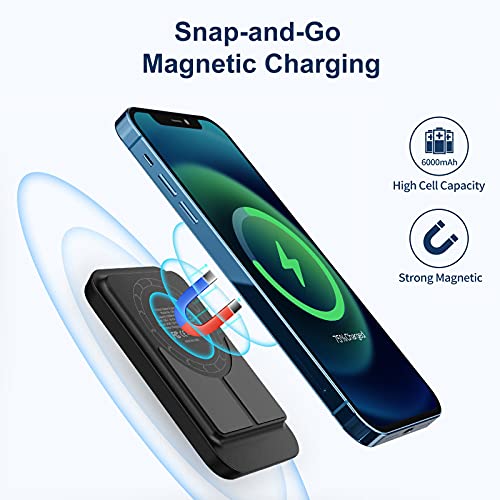 iWALK Magnetic Wireless Power Bank, 6000mAh Portable Charger with Finger Holder, Stronger Magnet Stick for Phone with Unique Mag-Suction Tech, Only Compatible with iPhone 14/13/12 Pro Max