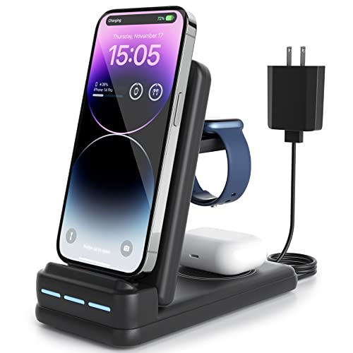 Charging Station for Multiple Devices Apple - DNTGVUP Foldable 3 in 1 Wireless Charger for iPhone 14/13/12/Pro/Plus/11/XS/XR/X/8, Charger Stand Compatible with Apple Watch S2-S7/SE and AirPods Black