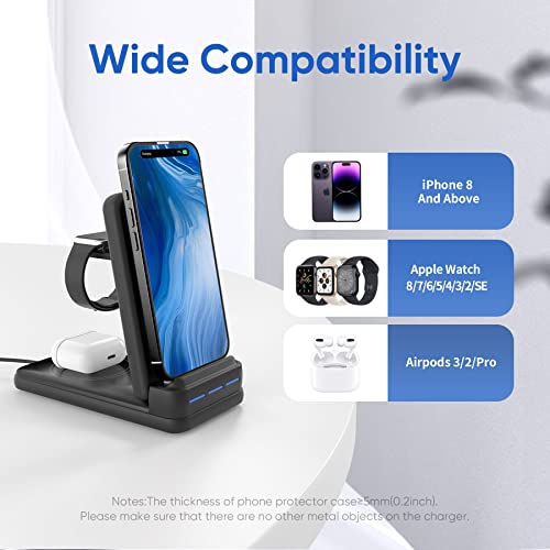 Charging Station for Multiple Devices Apple - DNTGVUP Foldable 3 in 1 Wireless Charger for iPhone 14/13/12/Pro/Plus/11/XS/XR/X/8, Charger Stand Compatible with Apple Watch S2-S7/SE and AirPods Black