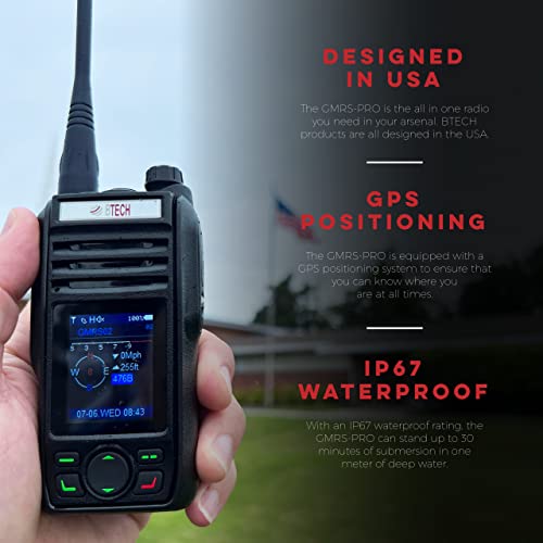 BTECH GMRS-PRO IP67 Waterproof GMRS Two-Way Radio with Bluetooth & GPS, APP Programmable, GMRS Repeater Capable, with Dual Band Scanning Receiver (VHF/UHF); Long Range Two Way Radio