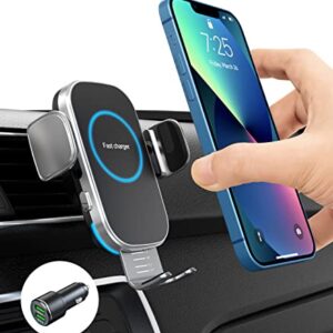 Wireless Car Charger, 15W Auto-Clamping Car Charger Mount, Air Vent Car Charging Holder for iPhone 14/14 Pro/13/13 Pro /12/12 Pro/ 11/11 Pro/Xr/Xs/X/8, Samsung S23/S22/S21(with QC 3.0 Car Charger)