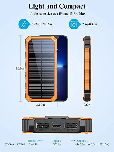 Power-Bank-Solar-Charger - 36000mAh Solar Power Bank, PD 20W Quick Charge,Drop-Proof Waterproof Dustproof Built-in LED Flashlight for iPhone, Tablet, Samsung and More USB Device(Orange)