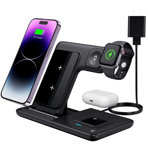 Wireless Charging Station, 3 in 1 Wireless Charger Compatible with iPhone 14/13 Pro/13/12/11/Pro/SE/XS/XR/X/8 Plus/8, 18W Wireless Charging Dock Stand for Apple Watch Series & Airpods (with Adapter)