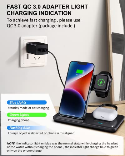 Wireless Charging Station, 3 in 1 Wireless Charger Compatible with iPhone 14/13 Pro/13/12/11/Pro/SE/XS/XR/X/8 Plus/8, 18W Wireless Charging Dock Stand for Apple Watch Series & Airpods (with Adapter)