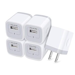 ailkin usb charger wall plug, [5pack-1port] fast charging outlet ac power adapter block cube for iphone, ipad, samsung, camera, android or type c phones & tablets charge multiple usb hub station base