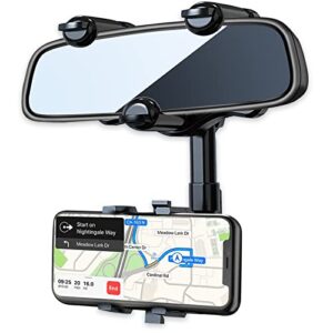 pkyaa rearview mirror phone holder for car, 360° rotating rear view mirror phone mount with adjustable arm length, multifunctional phone and gps holder universal car phone holder for all smartphones