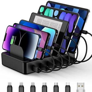 CREATIVE DESIGN Charging Station, 50W 6 Ports Multi Charger Station with 6 Charging Cables, Charging Dock for Multiple Devices, Compatible with Cellphone iPad Kindle Tablet and Other Electronic