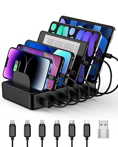 CREATIVE DESIGN Charging Station, 50W 6 Ports Multi Charger Station with 6 Charging Cables, Charging Dock for Multiple Devices, Compatible with Cellphone iPad Kindle Tablet and Other Electronic