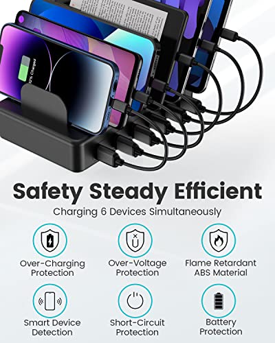 CREATIVE DESIGN Charging Station, 50W 6 Ports Multi Charger Station with 6 Charging Cables, Charging Dock for Multiple Devices, Compatible with Cellphone iPad Kindle Tablet and Other Electronic