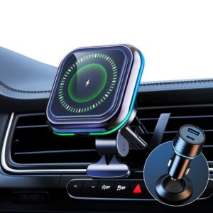 magnetic wireless car charger, wireless charger car vent mount for 15w fast charging, mag-safe car phone holder charger, 45w usb pd dual-port car charger, compatible with iphone 14/13/12 series
