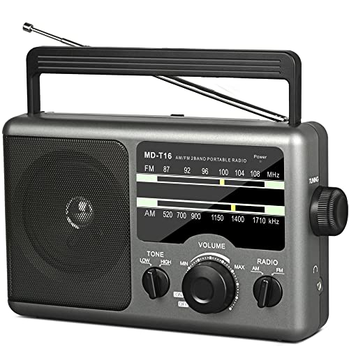 AM FM Portable Radio Battery Operated Radio by 4X D Cell Batteries Or AC Power Transistor Radio with and Big Speaker, Standard Earphone Jack, High/Low Tone Mode, Large Knob