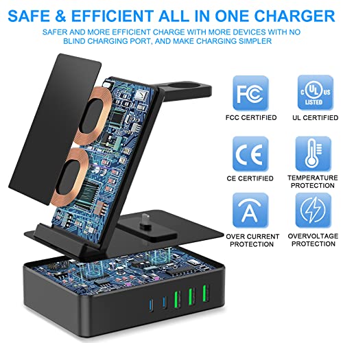 8 in 1 Charging Station, 100W Wireless Charging Station for Multiple Devices Apple with 20W USB C 2 Ports, Aluminum Alloy Cell Phone Charging Station Compatible with iPhone Series, iWatch, AirPods Pro