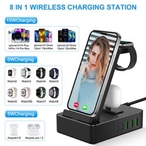 8 in 1 Charging Station, 100W Wireless Charging Station for Multiple Devices Apple with 20W USB C 2 Ports, Aluminum Alloy Cell Phone Charging Station Compatible with iPhone Series, iWatch, AirPods Pro