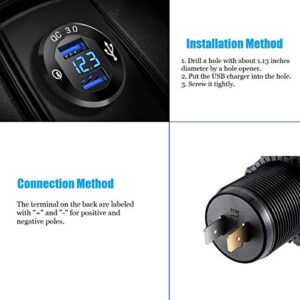 YONHAN 12V USB Outlet Quick Charge 3.0 Dual USB Charger Socket, USB Cigarette Lighter Socket with LED Voltmeter, Waterproof Aluminum Car Charger Adapter DIY Kit for Car Marine Truck Golf Cart RV, etc.