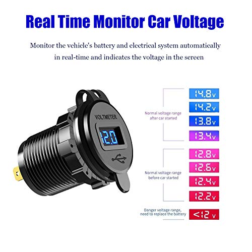 YONHAN 12V USB Outlet Quick Charge 3.0 Dual USB Charger Socket, USB Cigarette Lighter Socket with LED Voltmeter, Waterproof Aluminum Car Charger Adapter DIY Kit for Car Marine Truck Golf Cart RV, etc.