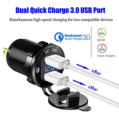 YONHAN 12V USB Outlet Quick Charge 3.0 Dual USB Charger Socket, USB Cigarette Lighter Socket with LED Voltmeter, Waterproof Aluminum Car Charger Adapter DIY Kit for Car Marine Truck Golf Cart RV, etc.