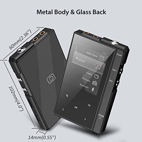 96GB MP3 Player with Bluetooth 5.0, Phinistec Z6 Music Audio Player with Speaker, Metal Body & Glass Back, FM Radio, Voice Recorder, E-Book, Support Micro SD Card up to 256GB