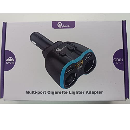 USB C Car Charger, Cigarette Lighter Splitter Adapter 2 Socket Type C Multi Power Outlet 12V/24V 80W DC with LED Voltmeter Switch 5.8A Dual USB Port for Mobile Cell Phone GPS Dash Cam