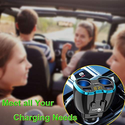 USB C Car Charger, Cigarette Lighter Splitter Adapter 2 Socket Type C Multi Power Outlet 12V/24V 80W DC with LED Voltmeter Switch 5.8A Dual USB Port for Mobile Cell Phone GPS Dash Cam