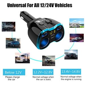 USB C Car Charger, Cigarette Lighter Splitter Adapter 2 Socket Type C Multi Power Outlet 12V/24V 80W DC with LED Voltmeter Switch 5.8A Dual USB Port for Mobile Cell Phone GPS Dash Cam