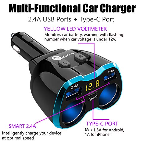 USB C Car Charger, Cigarette Lighter Splitter Adapter 2 Socket Type C Multi Power Outlet 12V/24V 80W DC with LED Voltmeter Switch 5.8A Dual USB Port for Mobile Cell Phone GPS Dash Cam