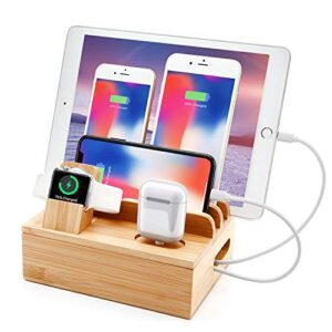 bamboo charging station for multi device with 5 usb a charger port sendowtek 6 in 1 charging stand for phone tablet smart watch holder earbud dock charger organizer with power supply(no watch charger)